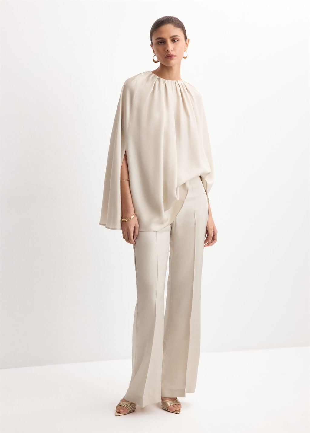 Mango Blouse With Gathered Neckline And Slits Light/pastel Grey In Gray