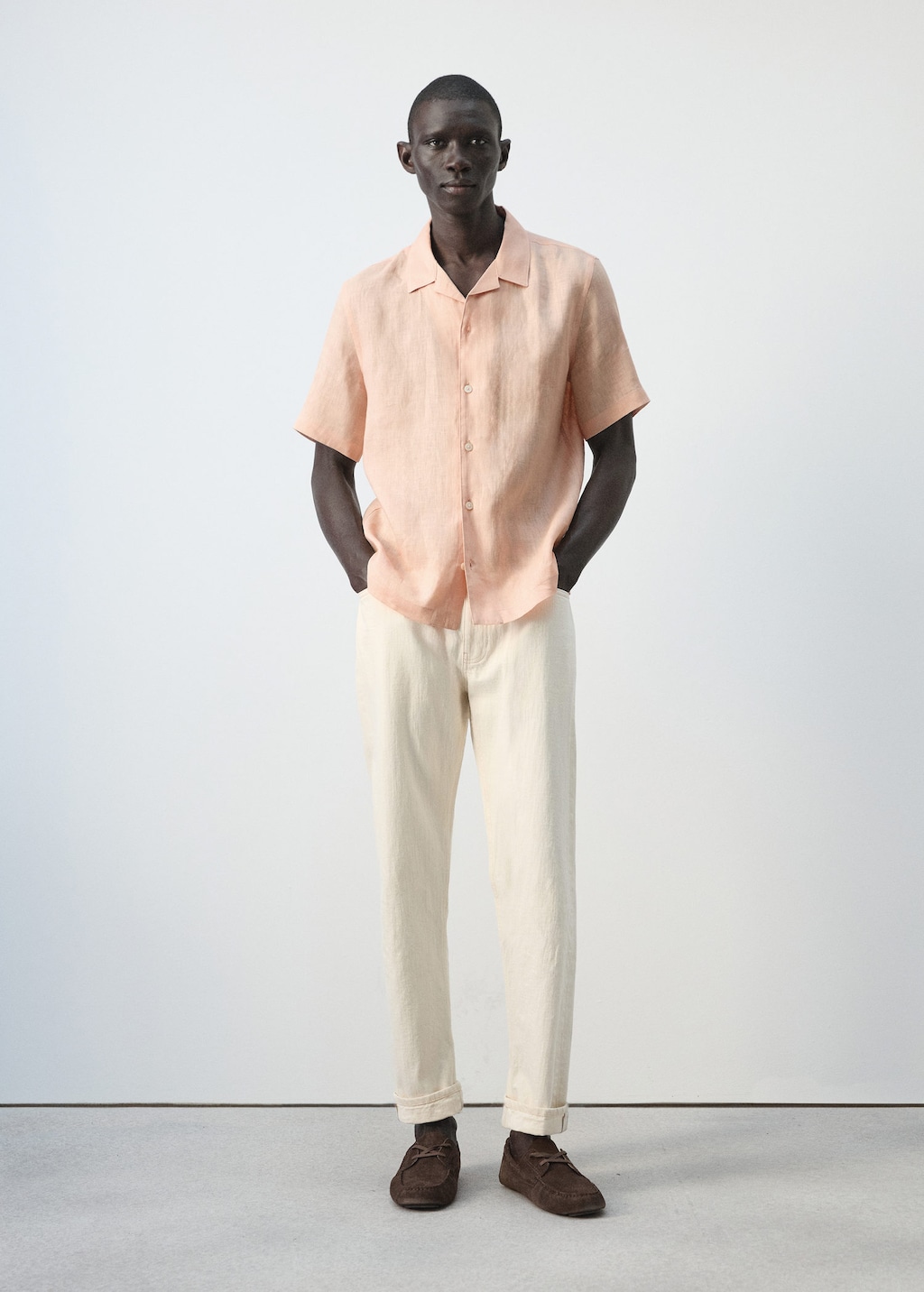 Mango 100% Linen Bowling-collar Shirt In Peach