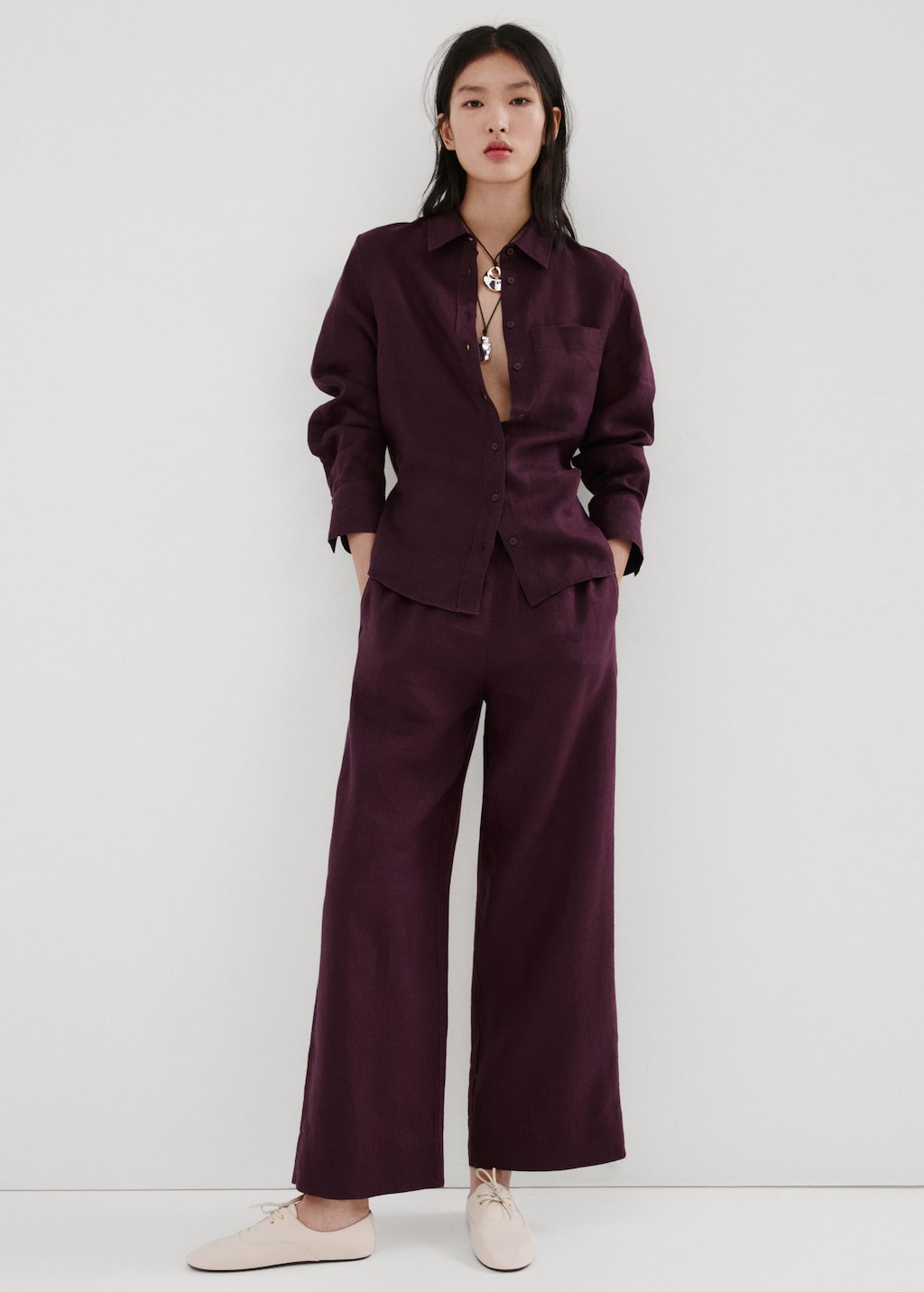 Mango Pantalon Droit Lin Prune - Femme - 3xl -  In Burgundy