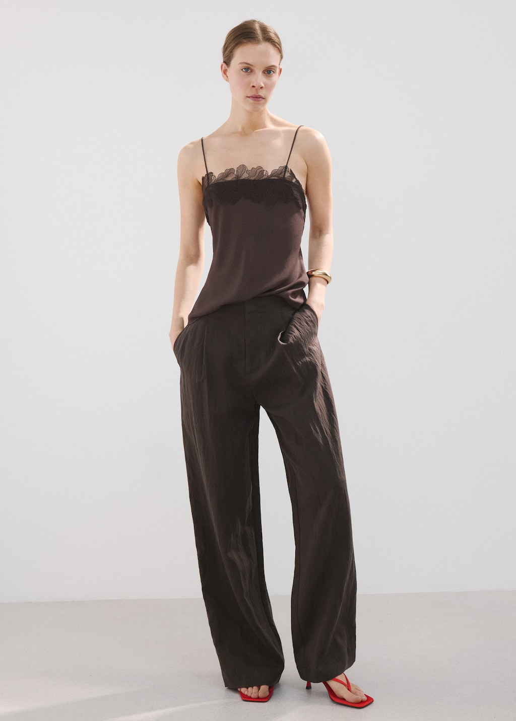 Mango Top Liseré Dentelle Chocolat - Femme - L -  In Brown