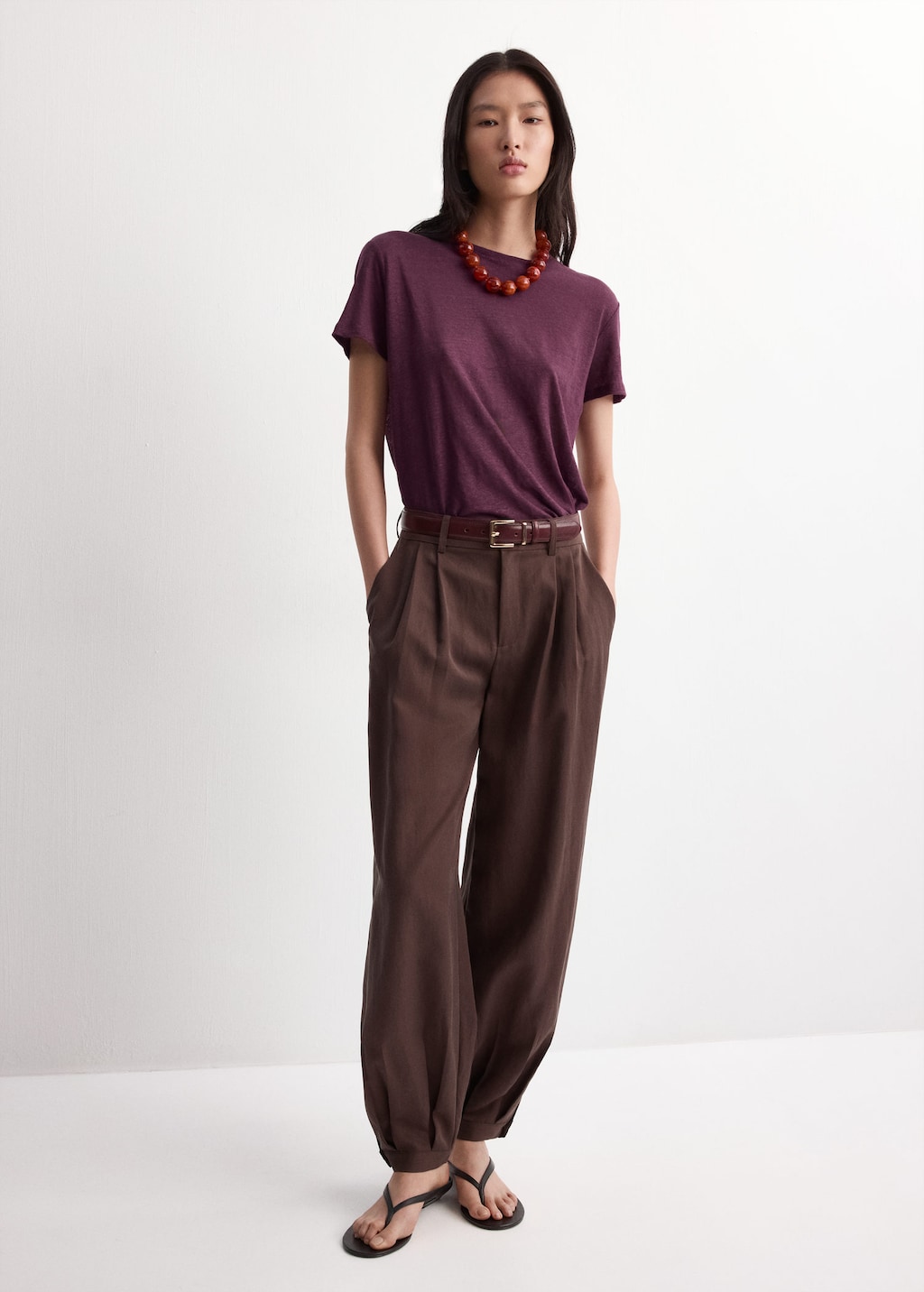 Mango T-shirt Lin Manches Courtes Lie De Vin - Femme - L -  In Brown