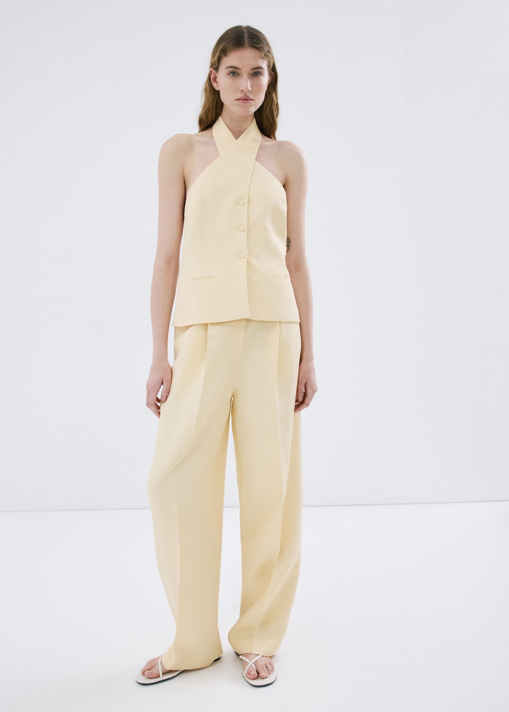 Mango Linen Buttoned Top In Yellow