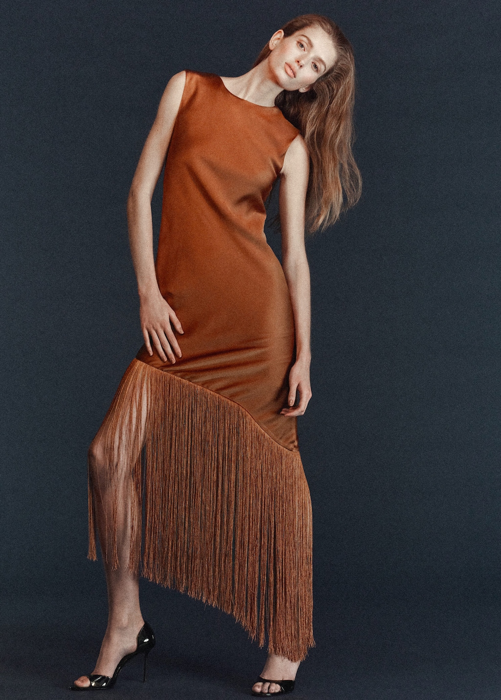 Mango Asymmetrical Satin Dress With Fringes Caramel In Multi