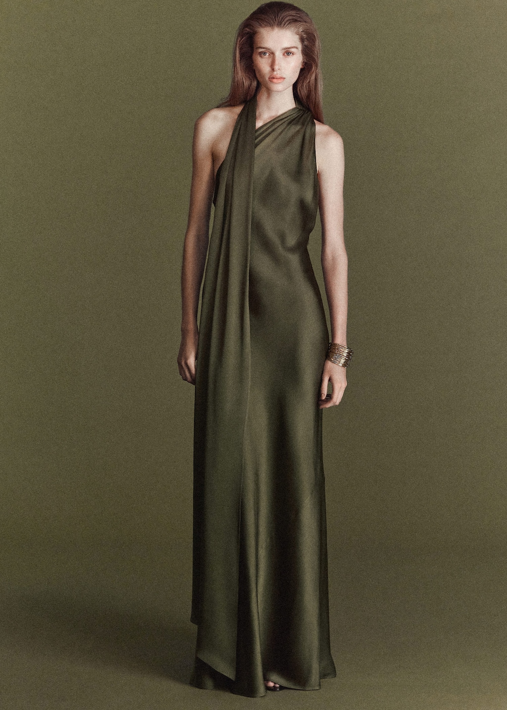 Mango Asymmetrical Bow-neck Dress Olive Green