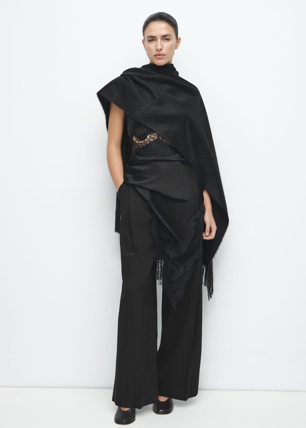 Mango Pleated Wide Leg Trousers Black