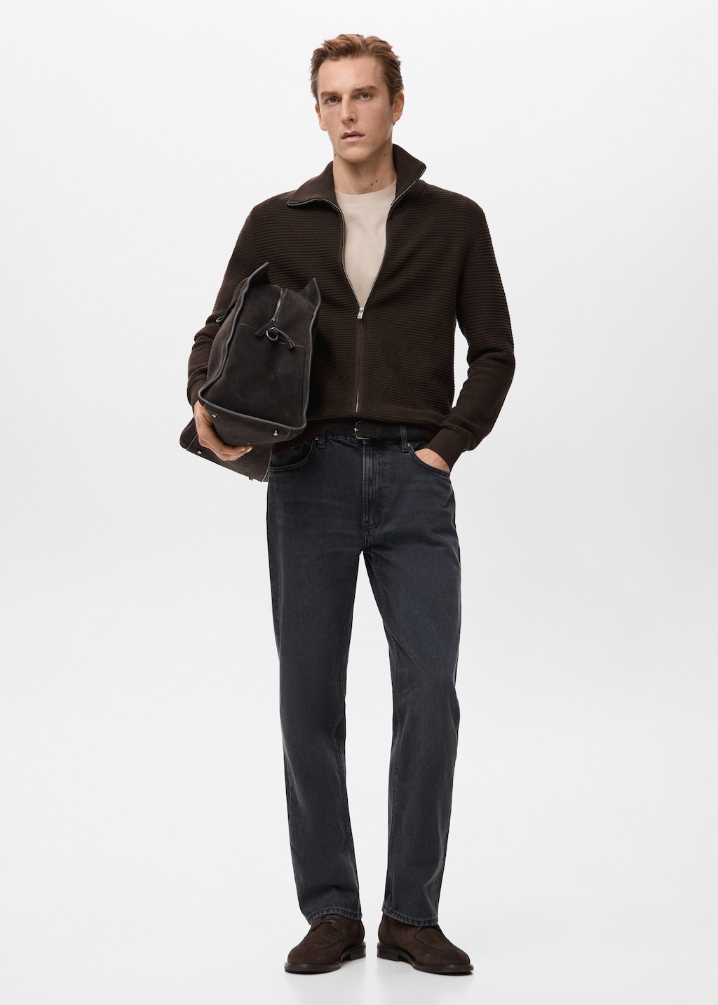 Mango Man Structured Knitted Cardigan With Zip Chocolate In Black