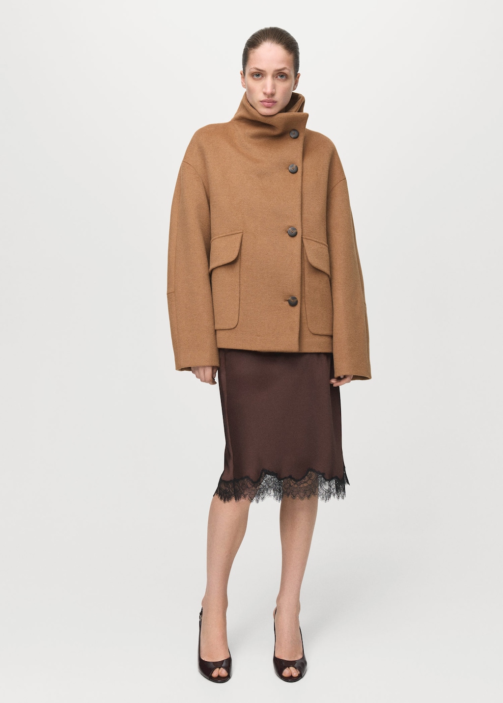 Mango Wool-blend Funnel-neck Coat Medium Brown In Brown