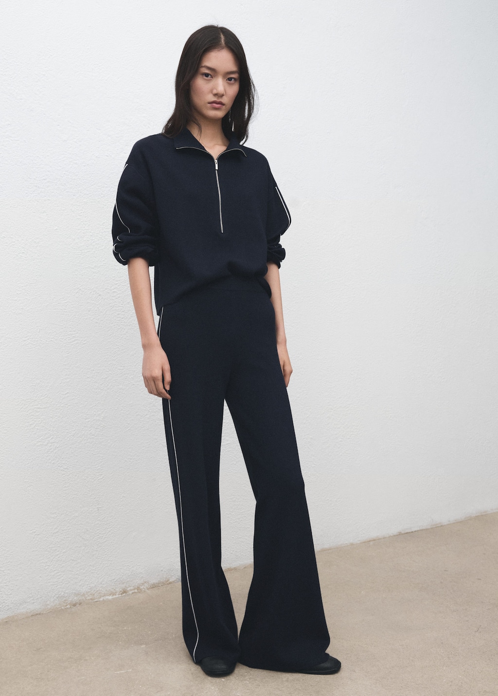 Mango Contrast Stripe Straight Trousers Navy In Black