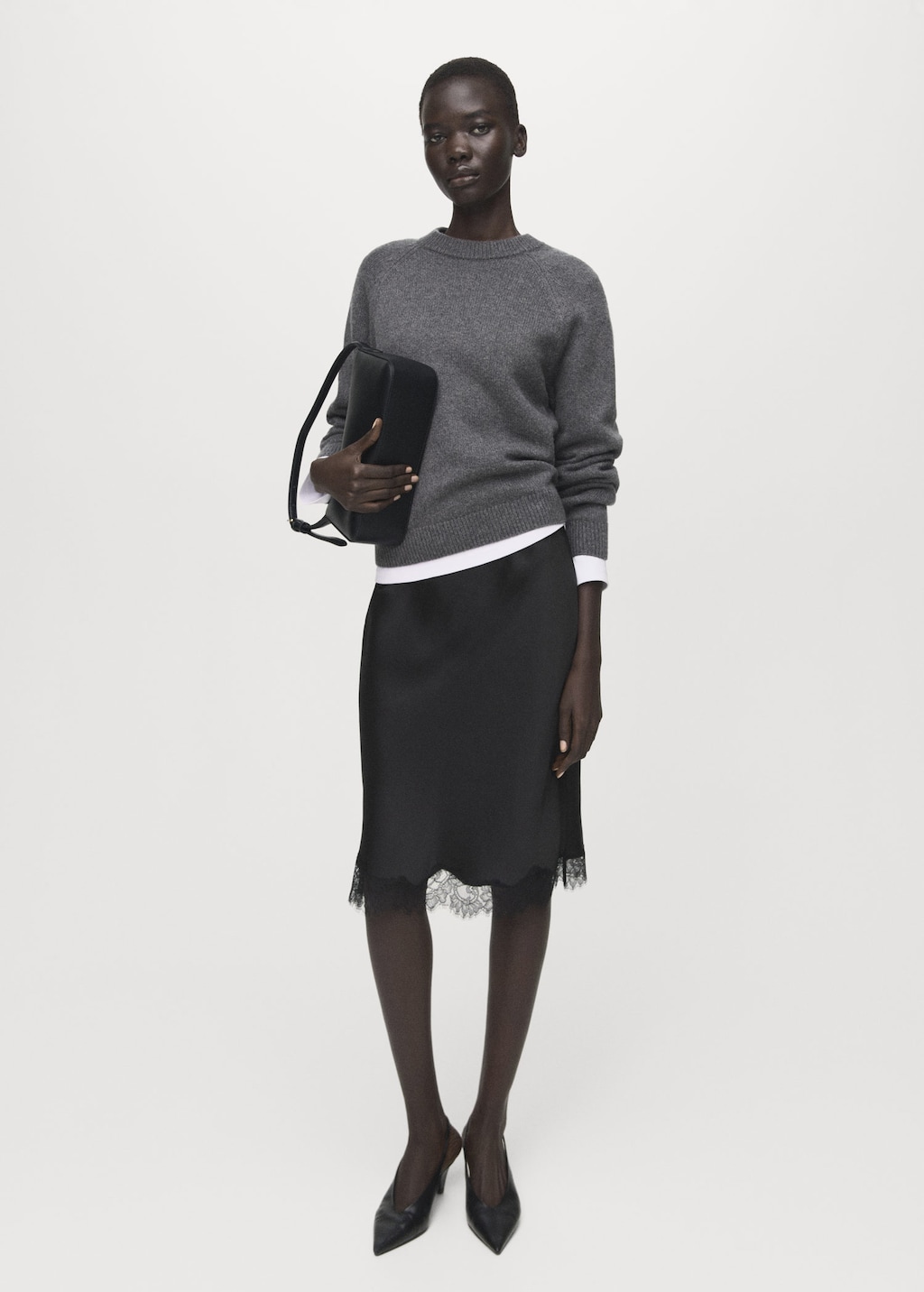 Satin lace skirt black – Woman – M – MANGO Satin lace skirt black – Woman – M – MANGO