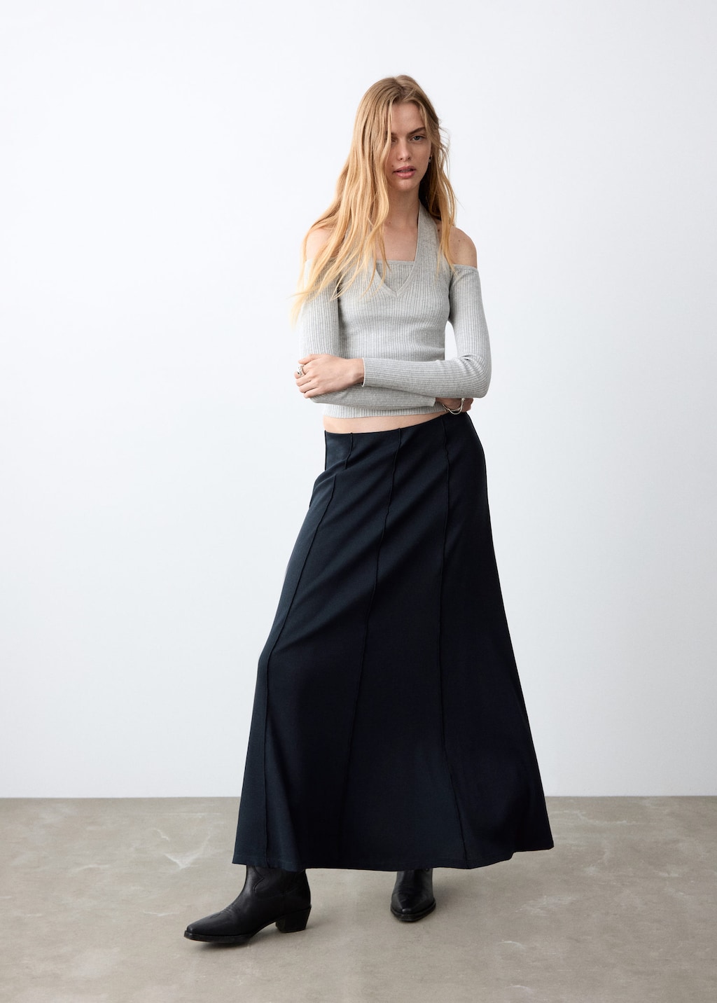 Mango Teen Knitted Long Skirt With Seam Detail Navy In Blue