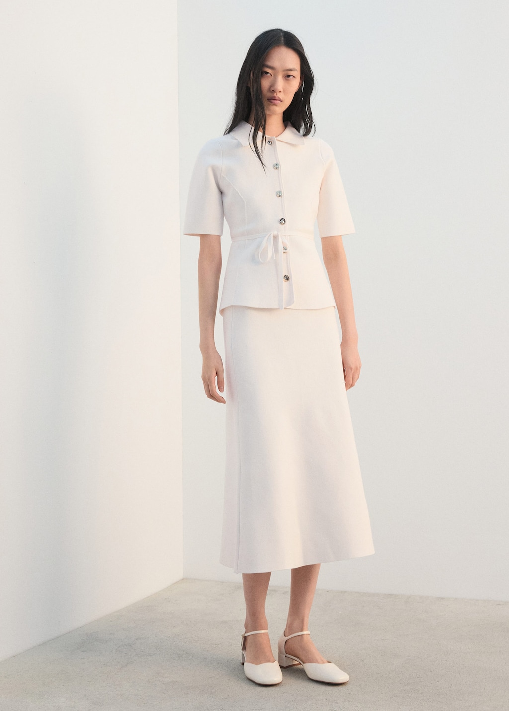 Mango Flared Knitted Skirt Off White In Pink