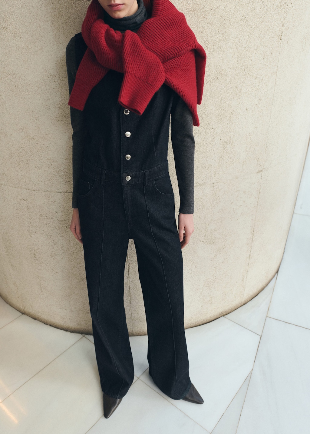 Mango Buttons Denim Jumpsuit Open Blue