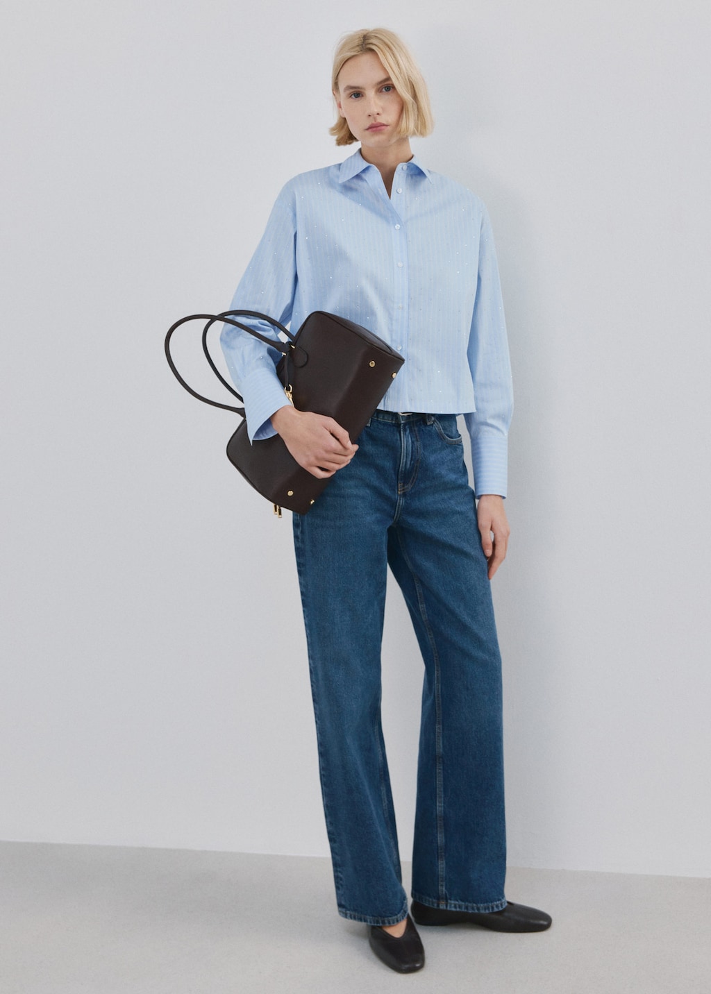 Mango Rhinestone Striped Cropped Shirt Sky Blue