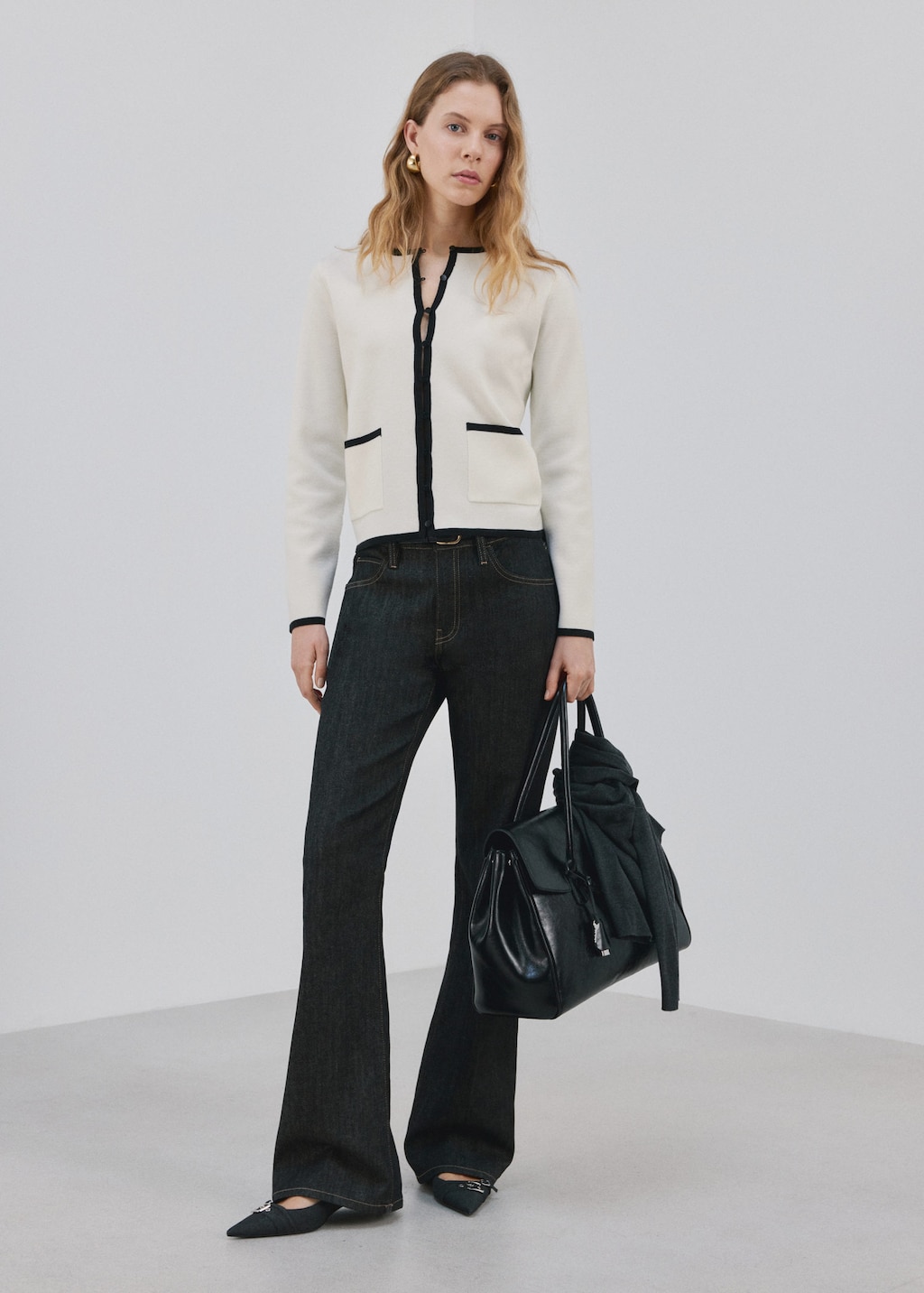 Mango Contrasting Ribbed Cardigan Ecru In Gray