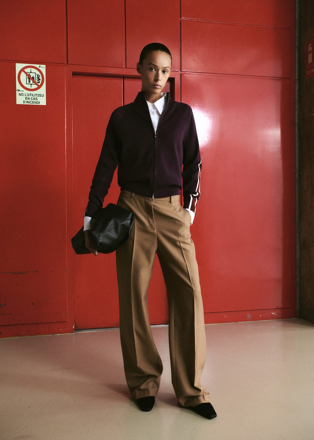 Mango Contrasting Striped Cardigan With Zipper Wine In Burgundy