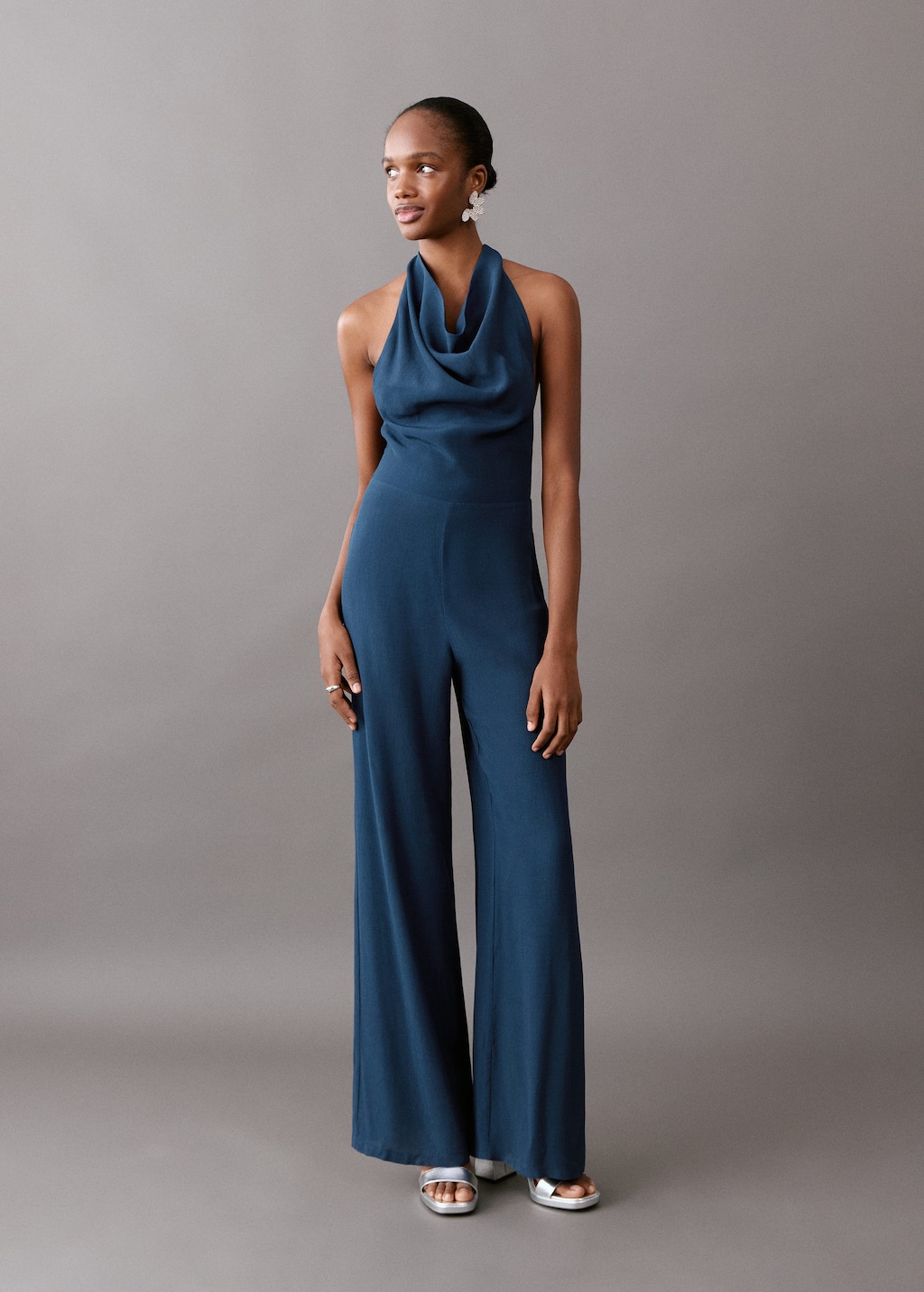 Mango Open Back Halter Jumpsuit Dark Navy In Blue
