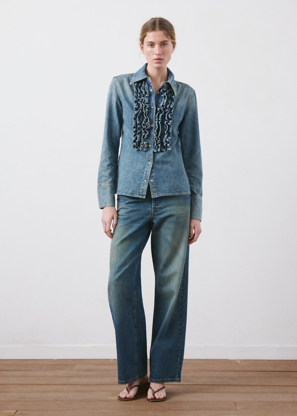 Mango Chemise Jean Volants Bleu Moyen - Femme - L -  In Blue