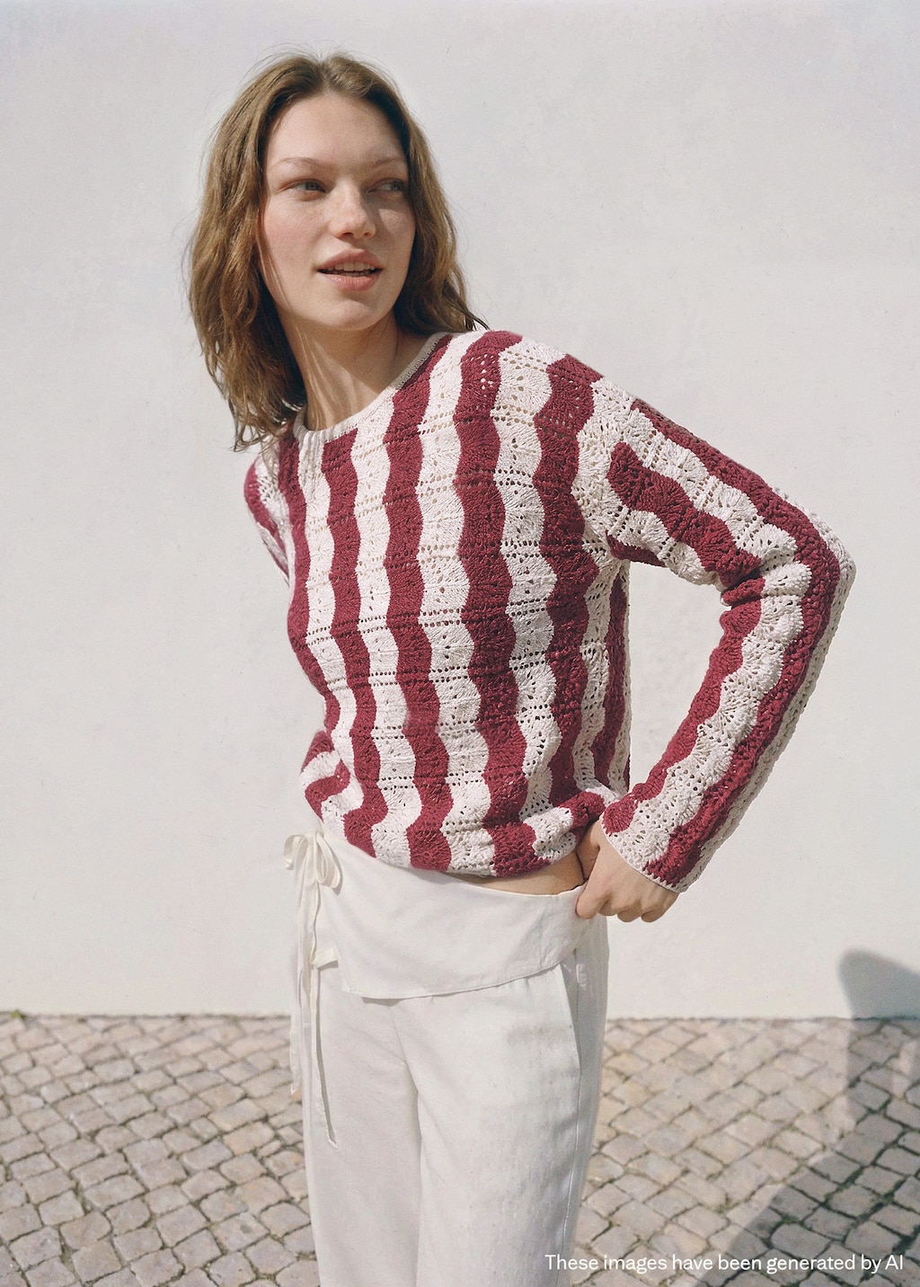 Mango Two-tone Open-worked Knit Sweater In Maroon