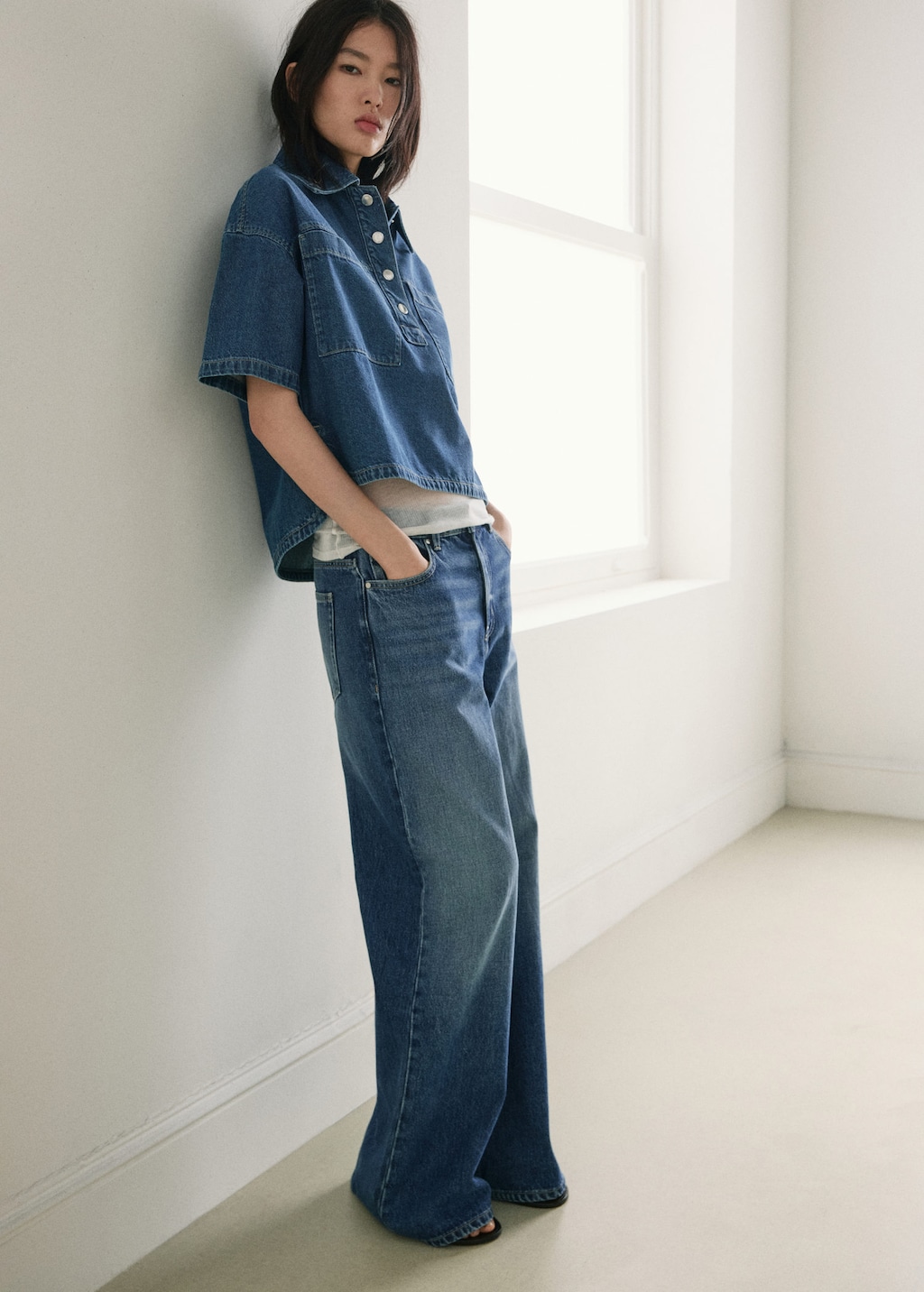 Mango Denim Blouse With Pockets In Medium Blue