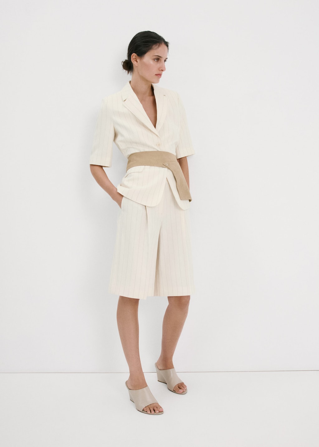 Mango Blazer Costume Lin Ceinture Écru - Femme - Xxl - In Sand