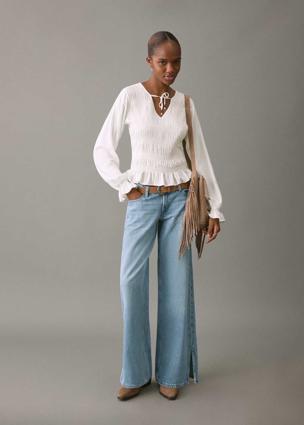 Mango Teen Ruched Blouse With Ruffles Off White