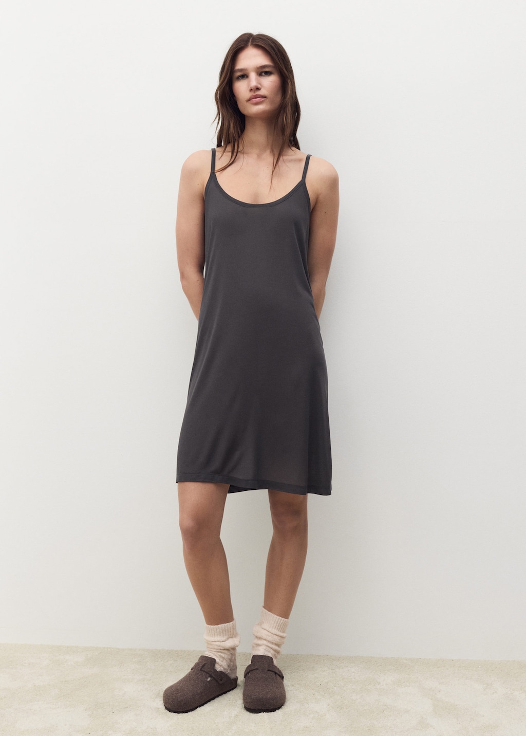 Mango Home Micro-modal Nightgown With Straps Charcoal In Gray