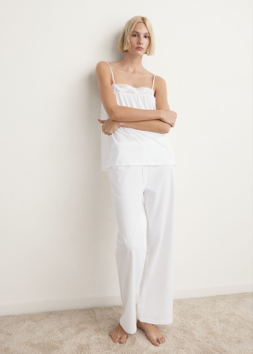 Mango Long Cotton Pajama Pants In White