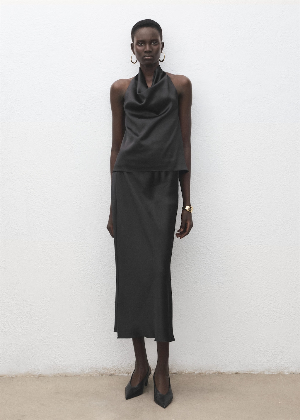 Mango Satin Long Skirt Black