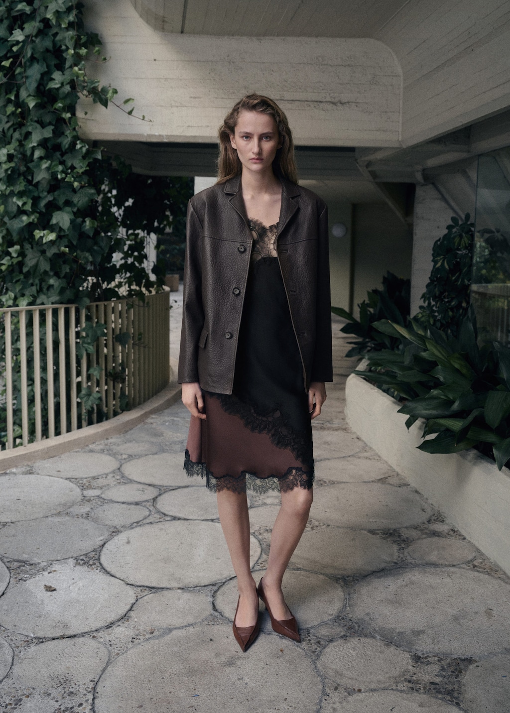 Mango Leather Jacket With Buttons Brown