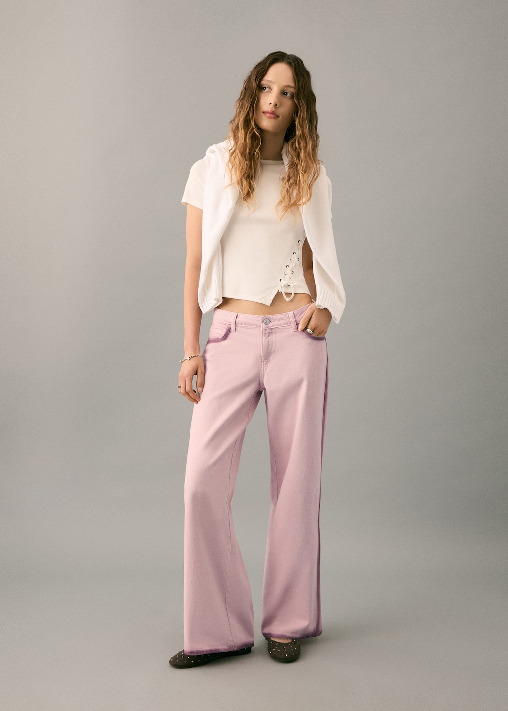 Mango Teen Two-tone Wide Leg Jeans Pale Pink