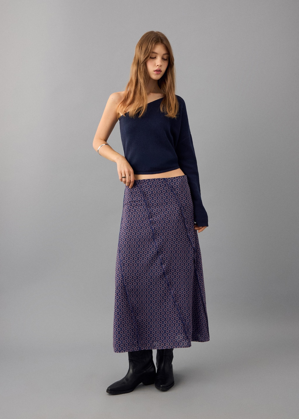 Mango Teen Floral Long Skirt Navy In Blue