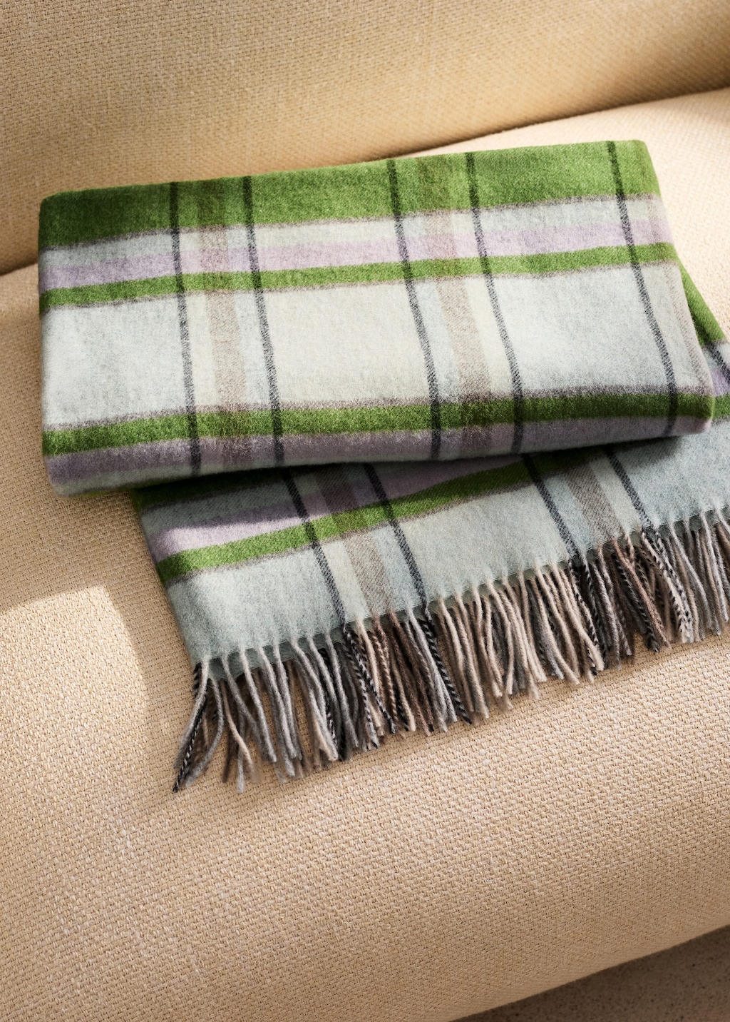 Mango Home Wool Throw With Check Design And Fringed Finish Blue