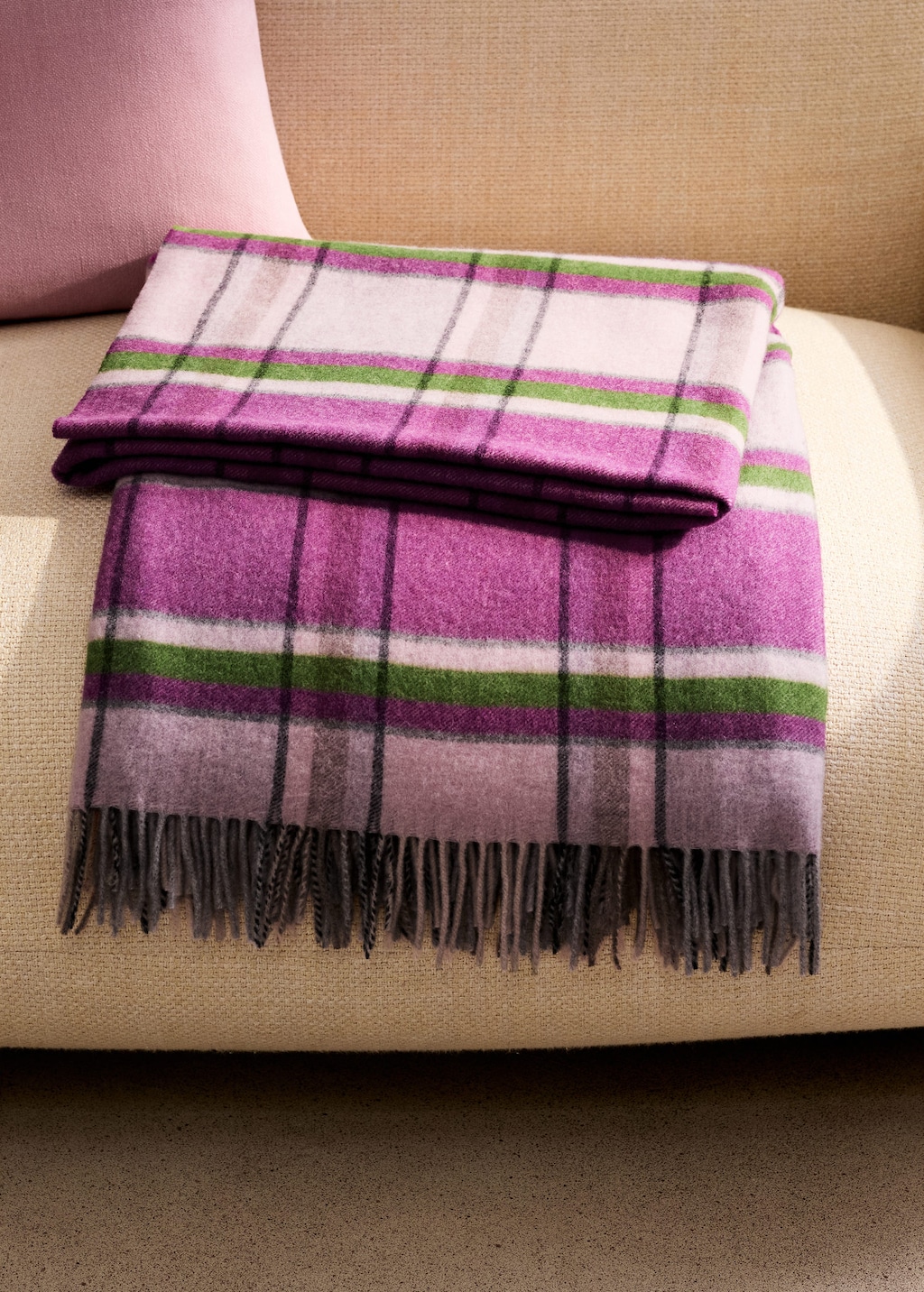 Mango Home Wool Throw With Check Design And Fringed Finish Pink
