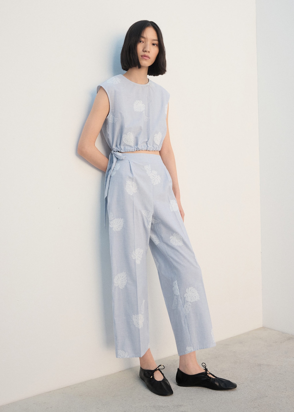 Mango Embroidered Striped Trousers Blue