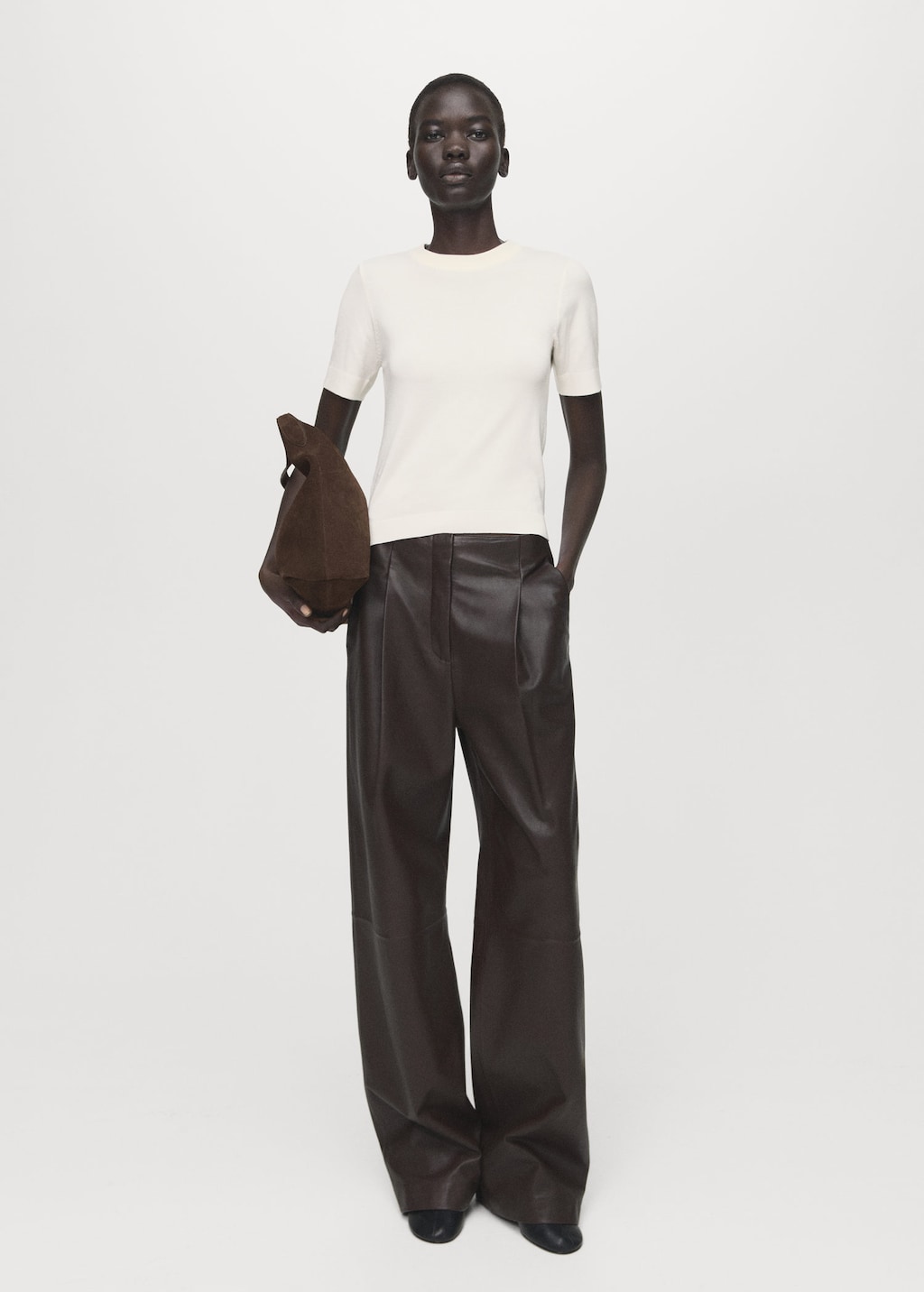 Mango Short-sleeved Fine-knit Sweater Ecru In Brown