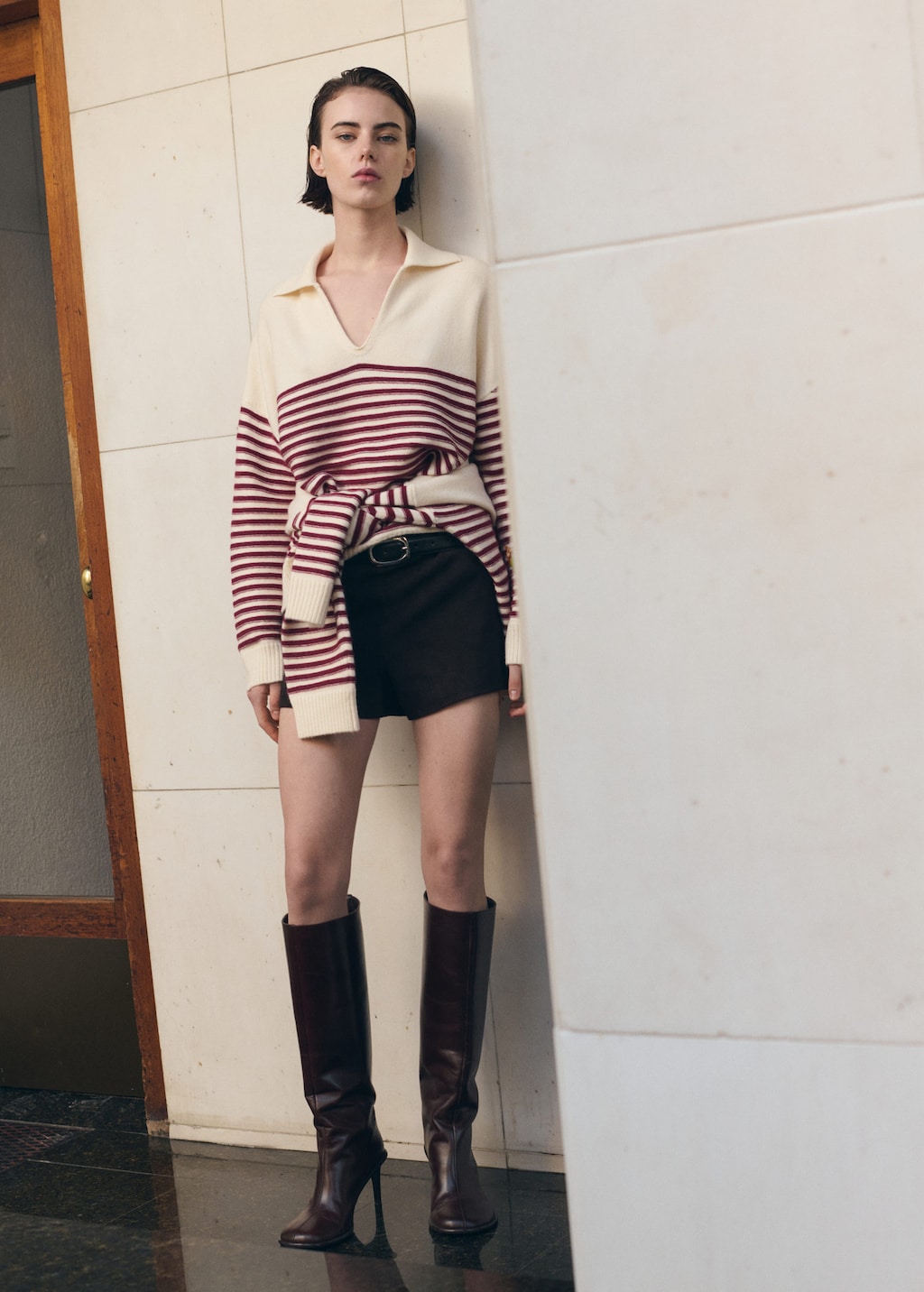 Mango Striped Polo-neck Sweater Ecru In Brown