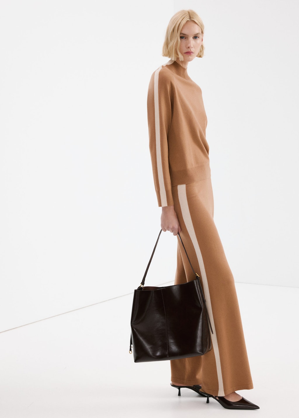 Mango Contrast Stripe Knit Trousers Medium Brown