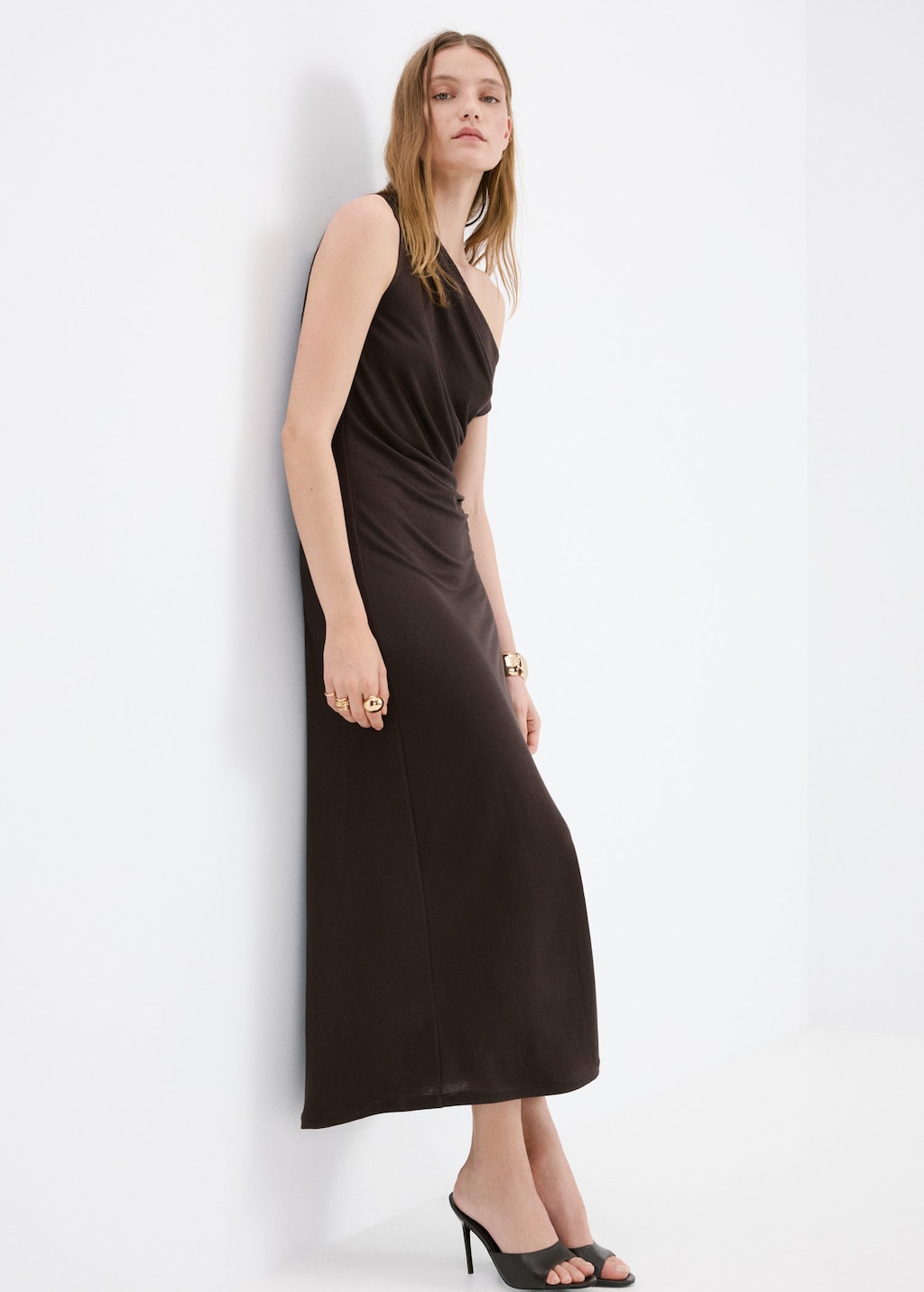 Mango Asymmetric Draped Gown Brown