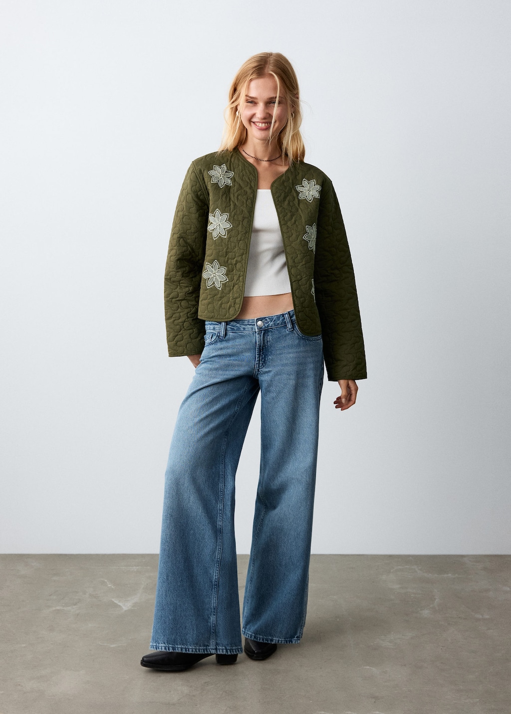 Mango Embroidered Quilted Jacket Khaki In Green