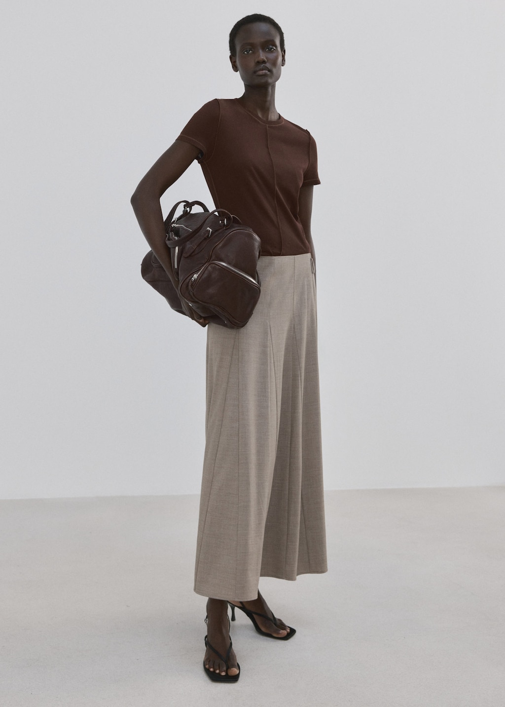 Mango Cotton T-shirt With Seams Brown