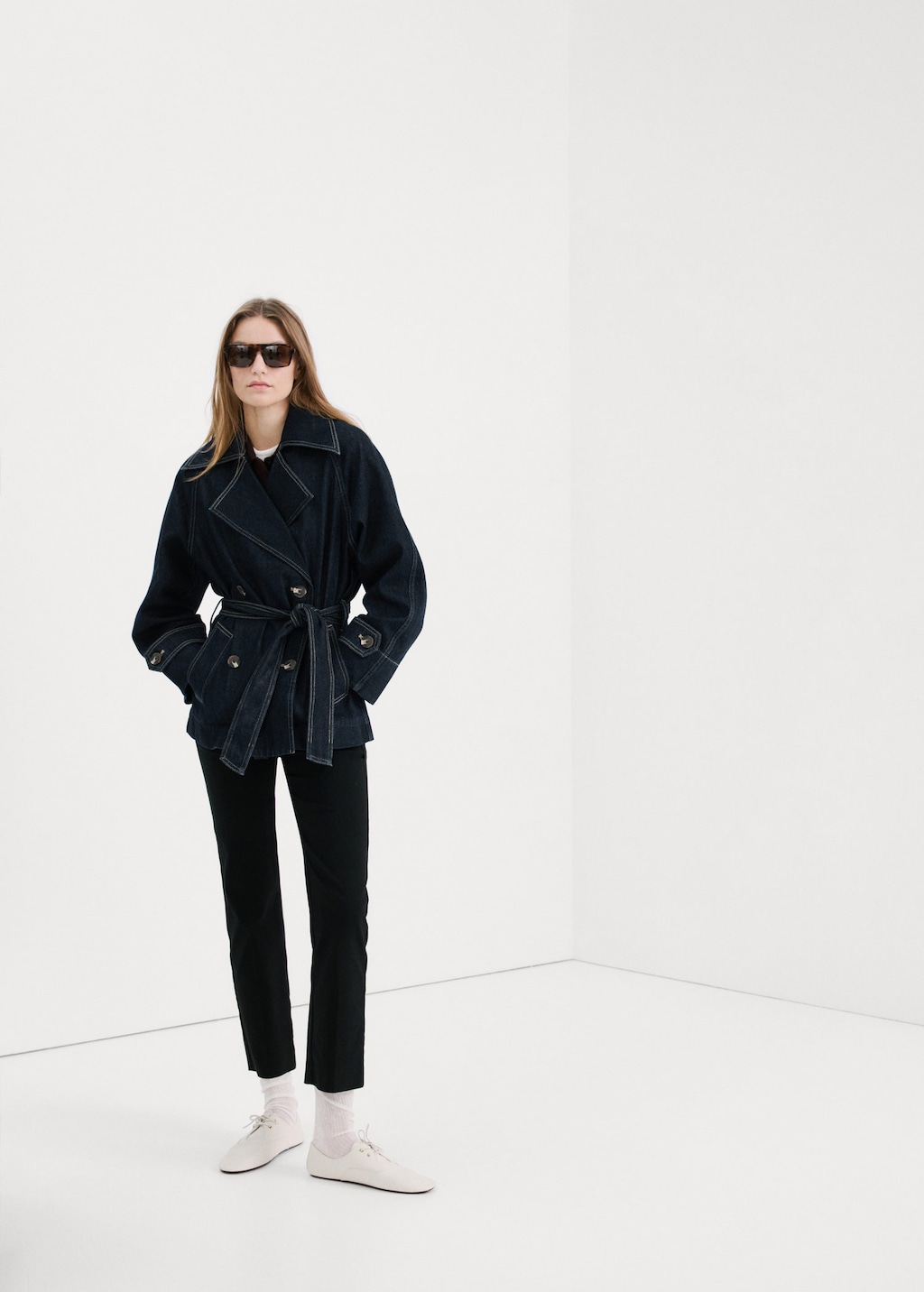 Mango Denim Trench With Belt Open Blue In Black