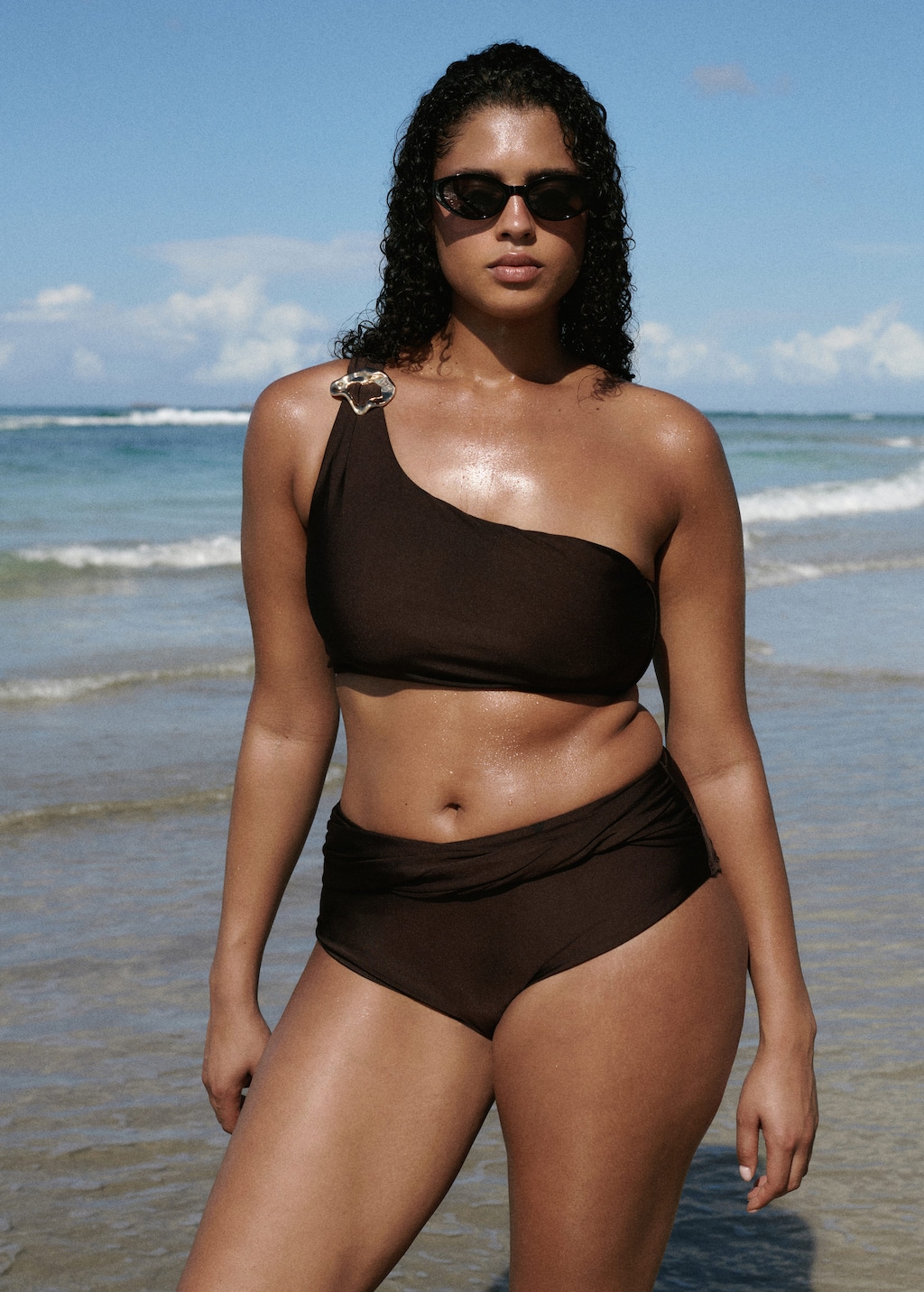Mango Asymmetrical Bikini Top Brown In Black