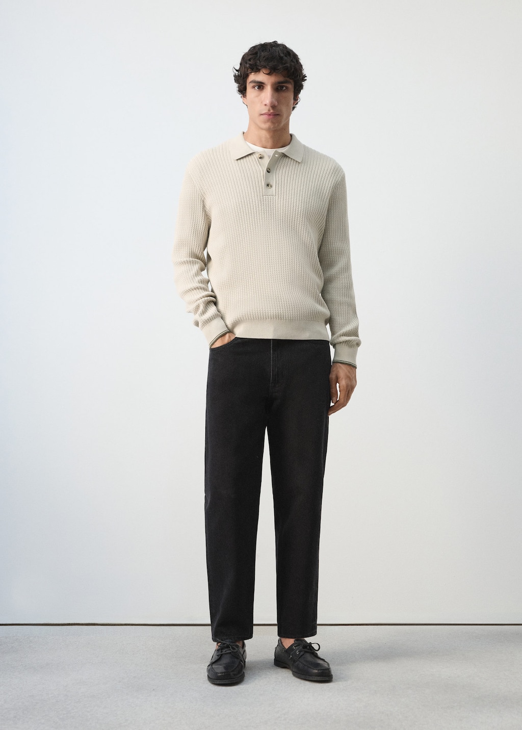 Mango Fine Knit Herringbone Polo Sweater Sand In Neutral