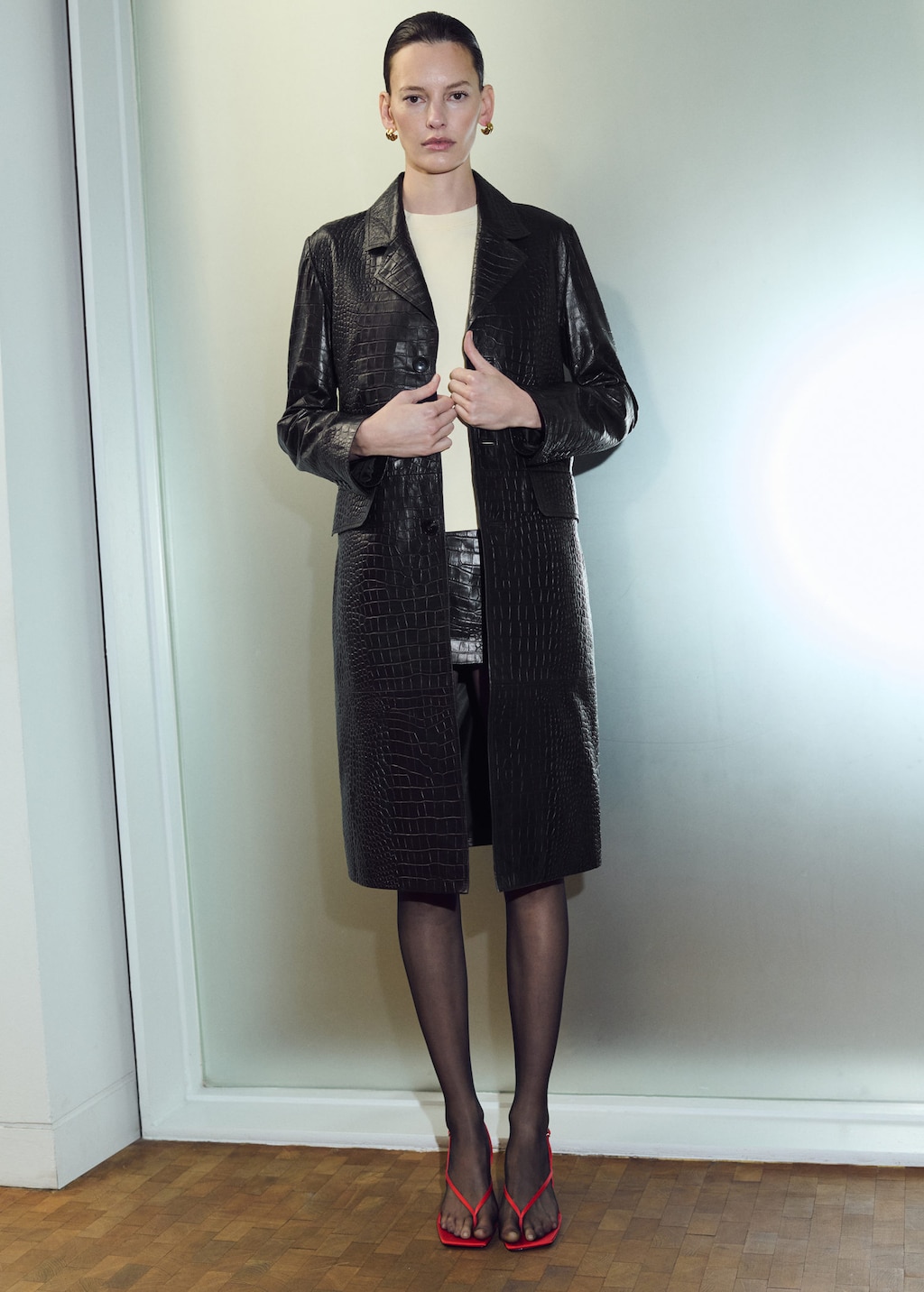 Mango 100% Crocodile-effect Leather Coat Black