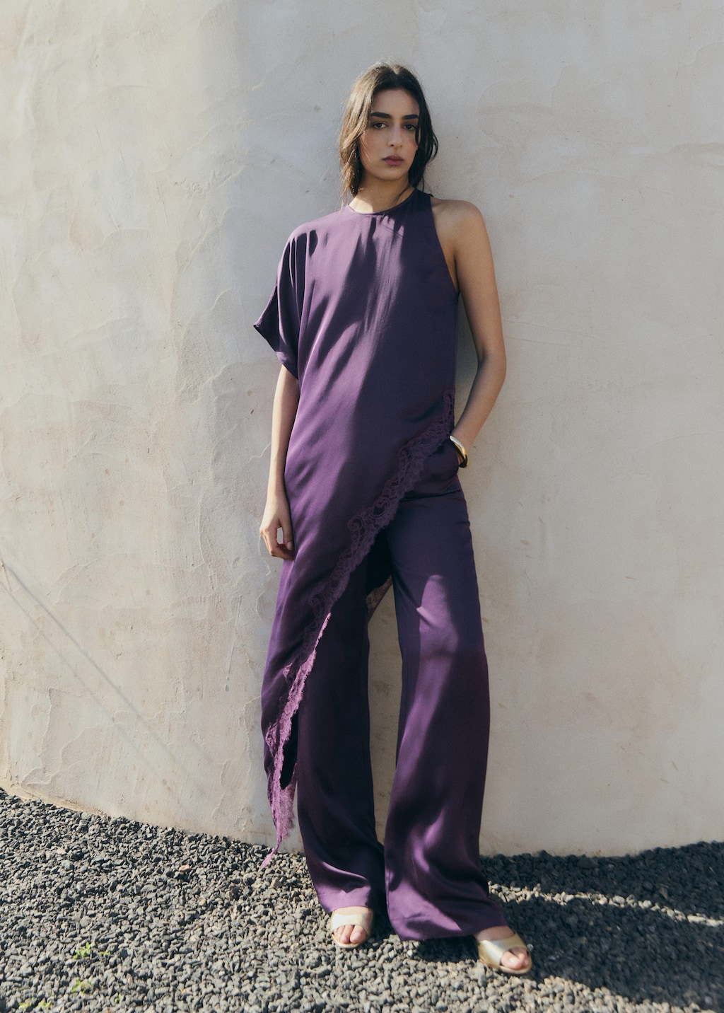 Mango Top Satiné Dentelle Asymétrique Pourpre - Femme - S -  In Purple