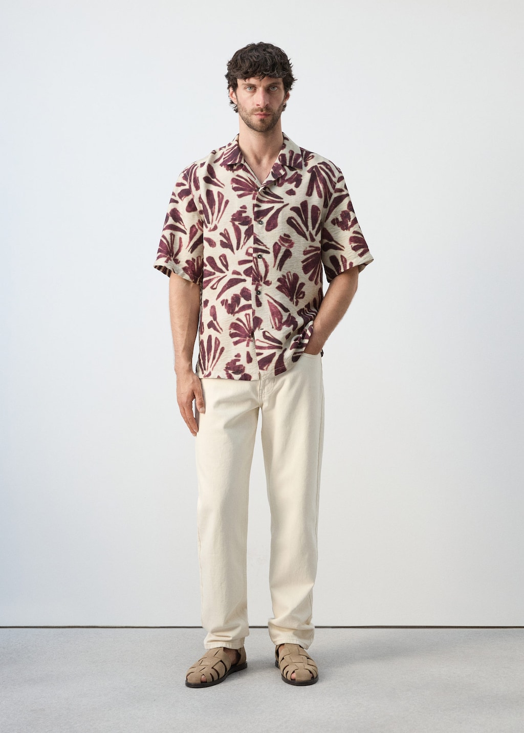 Mango Printed Flowing Shirt With Bowling Collar In Purple