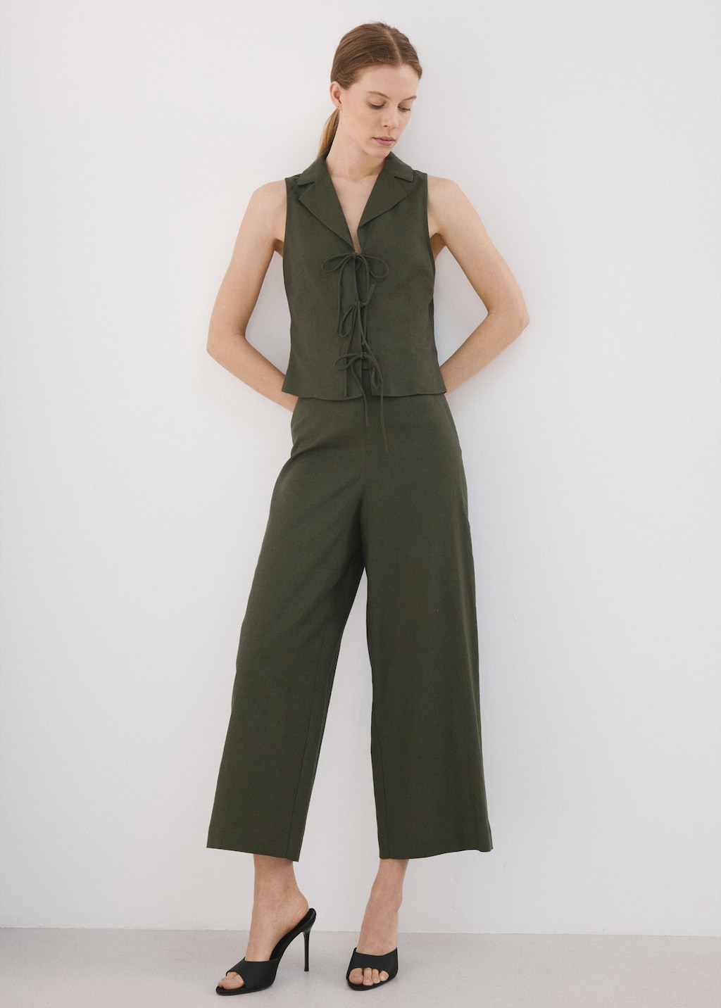 Mango Pantalon Droit Lin Kaki - Femme - 44 -  In Green