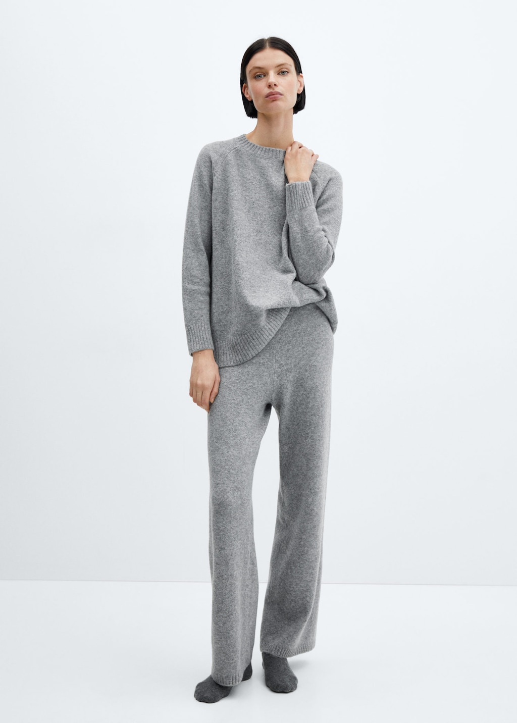 Mango Long Knitted Trousers Grey In Blue