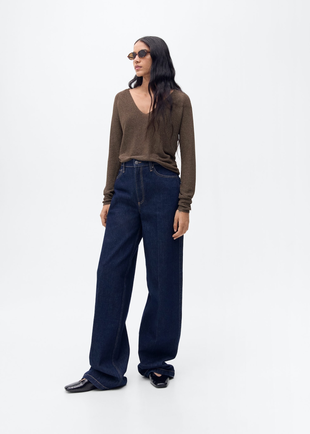 Mango V-neck Lurex Sweater In Brown
