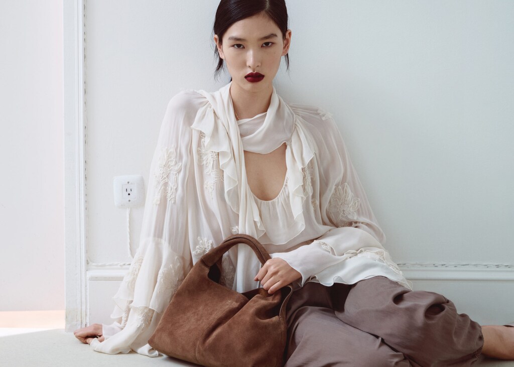 Suede shoulder bag with stitching - image 3
